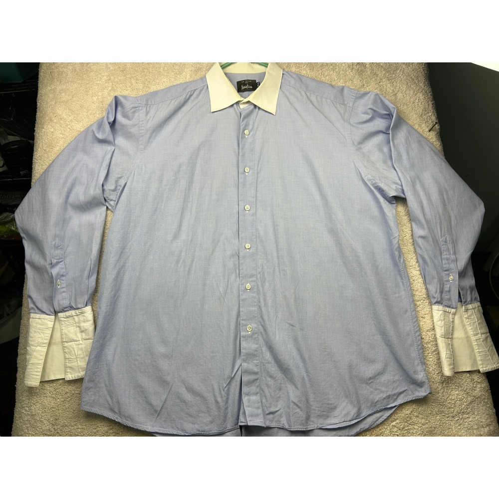Ike Behar Contrast Collar Dress Shirt 17.5 L Blue French Cuff Old Money Preppy